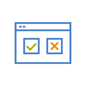 Conformance Testing Icon - Blue browser with checkmark and X inside boxes