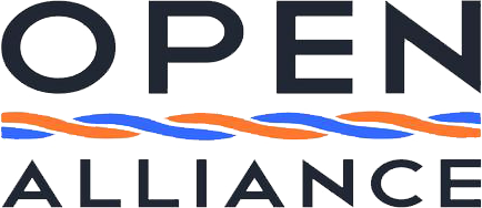 Open Alliance Logo - Dark blue sans-serif type with bright blue and orange rope between type